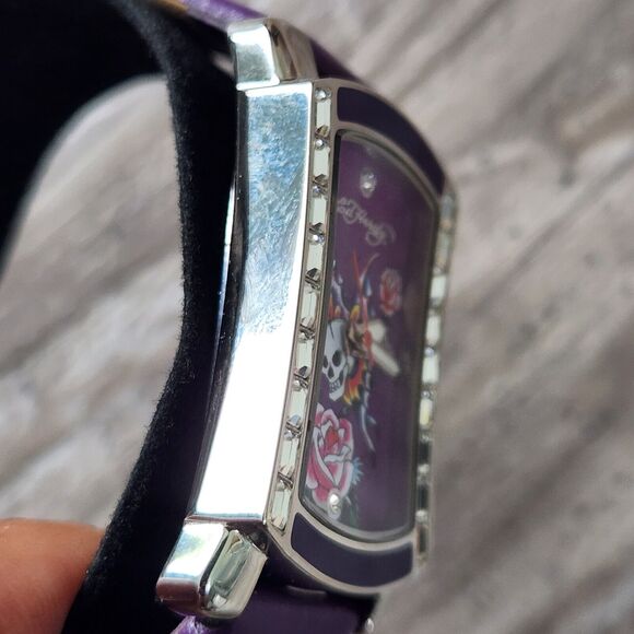 Ed Hardy Quartz Skull Butterfly Rose Leather Purple Watch Japanese Mvmt 3ATM HTF - Picture 16 of 16